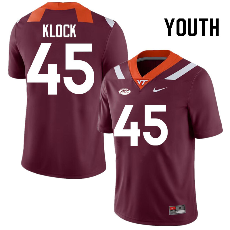 Youth #45 Elijah Klock Virginia Tech Hokies College Football Jerseys Stitched-Maroon